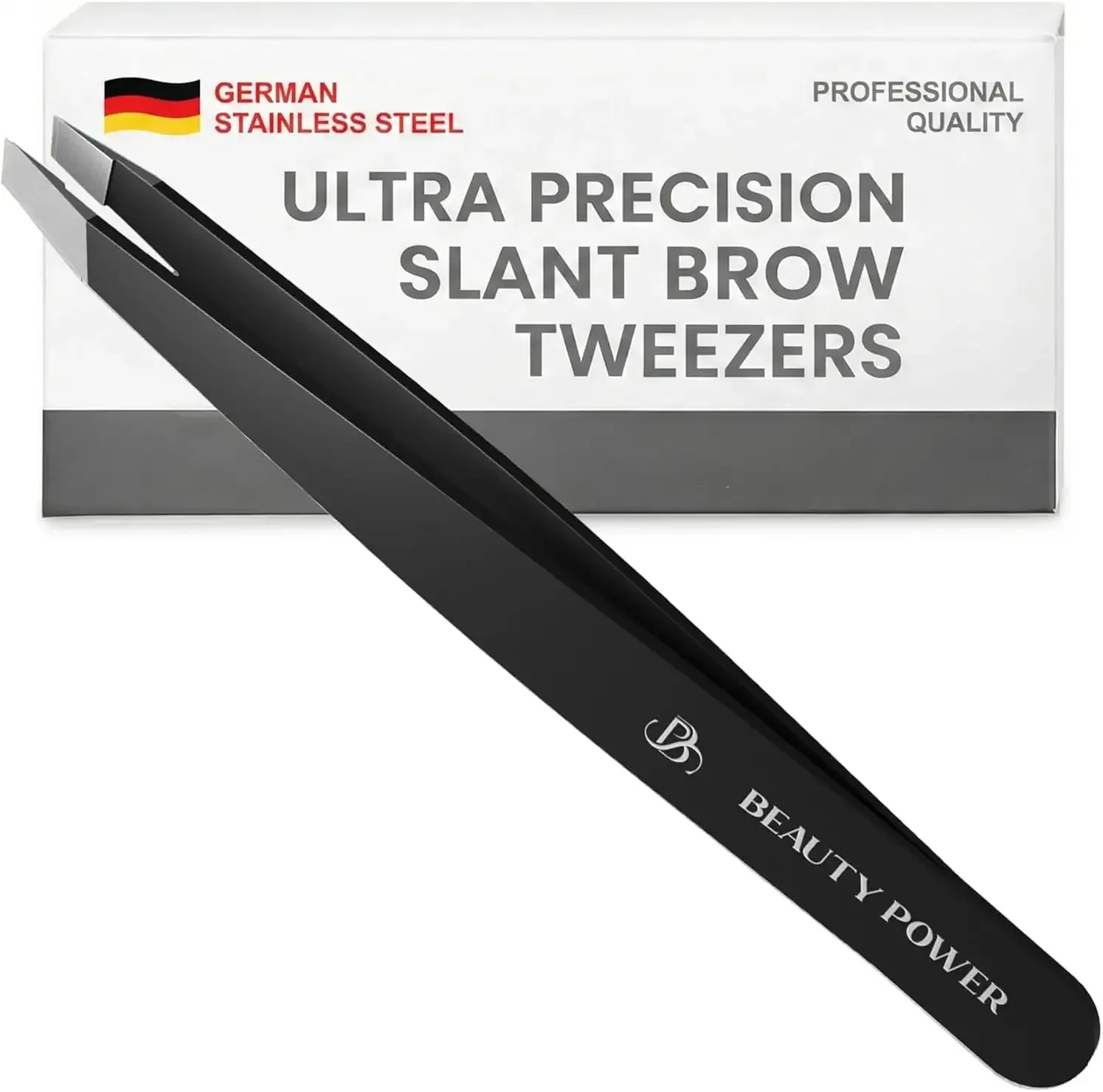 Beauty Power Tweezers for Women Facial Hair: Ultra Precision Tweezers for Women & Men, Sharp Slant Tweezer for Eyebrows, Ingrown Hair Removal. Professional Plucker + Case, German Stainless Steel Black