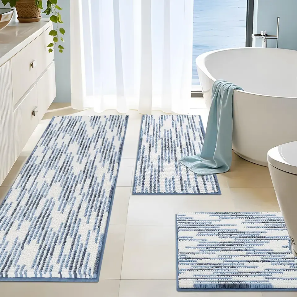 BSICPRO Bathroom Rugs Sets 3 Piece, Non-Slip Chenille Toilet Rugs with TPR Backing, U-Shaped Toilet Mat with Abstract Stripe Design, Ultra Soft Thick Absorbent Bath Floor Mats for Bathroom Washable