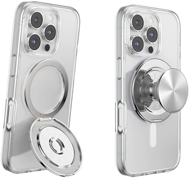 PopSockets Kick-Out Grip for MagSafe, Phone Grip with Built-in Phone Stand, Adjustable Kickstand for Portrait or Landscape, Strong Magnetic Hold, Wireless Charging Compatible - Silver