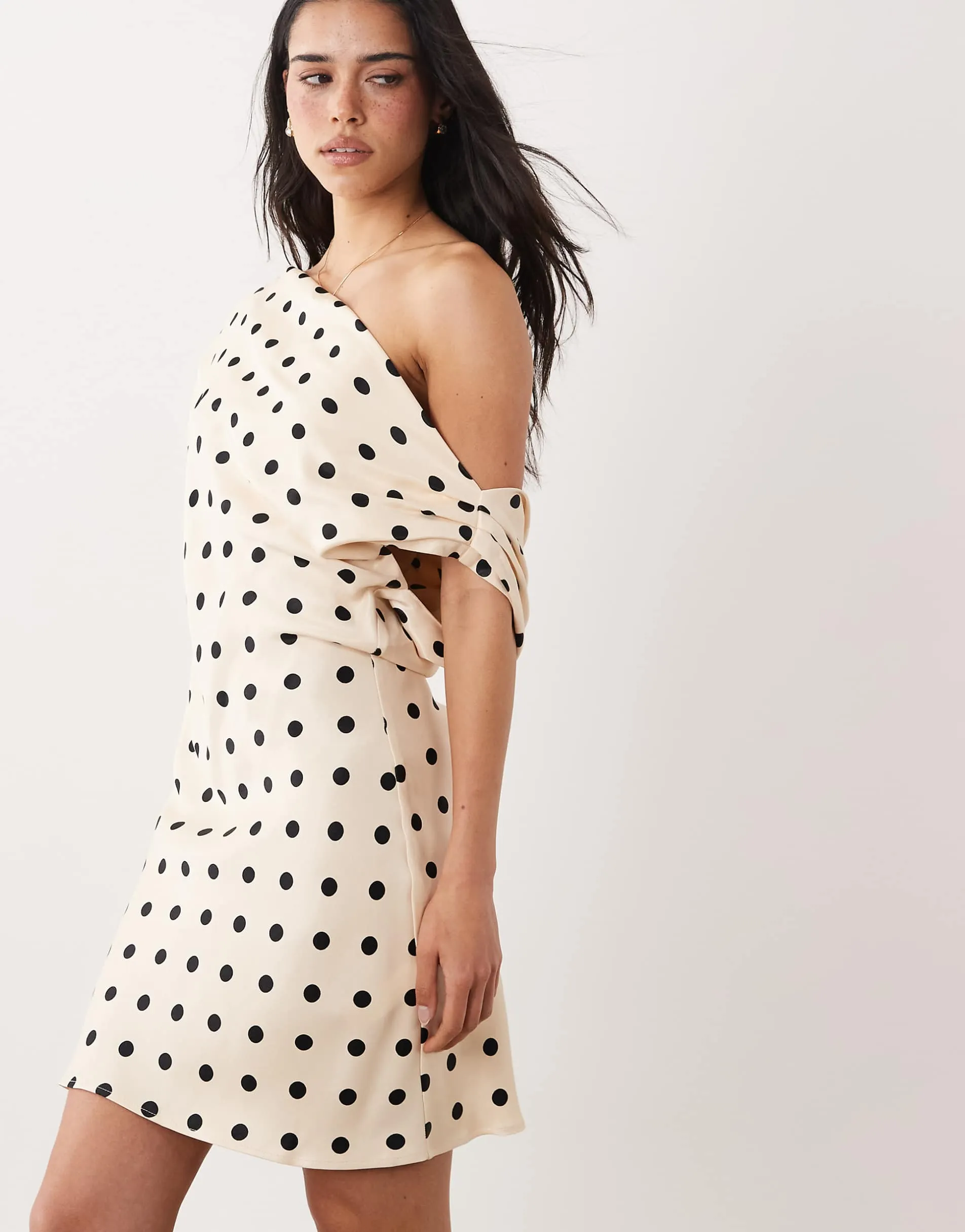 ASOS DESIGN satin one shoulder drape mini dress in buttermilk spot