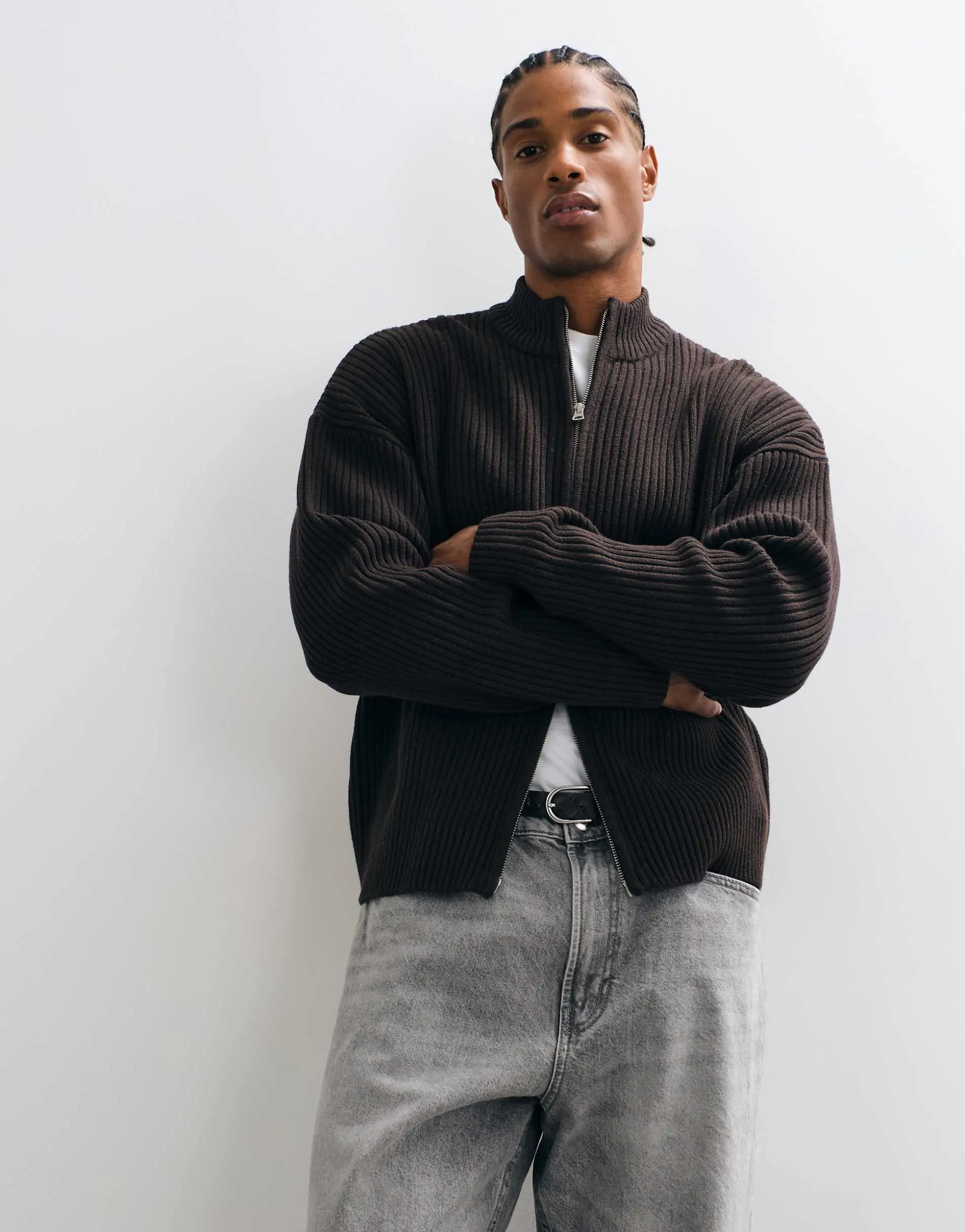 ONLY & SONS zip through high neck cardigan in brown