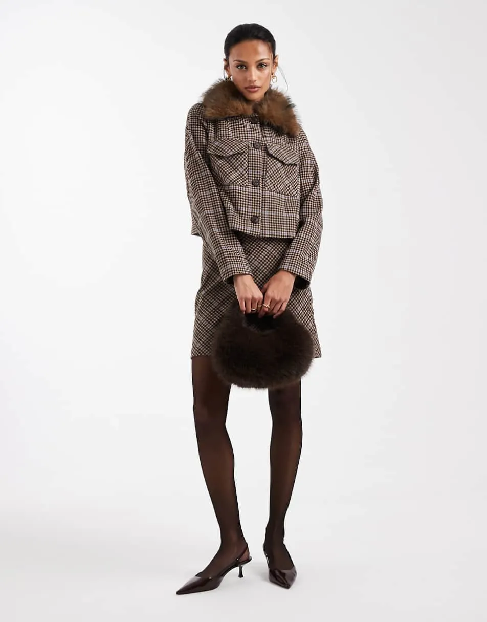 New Look check boxy cropped jacket & mini skirt co-ord in brown