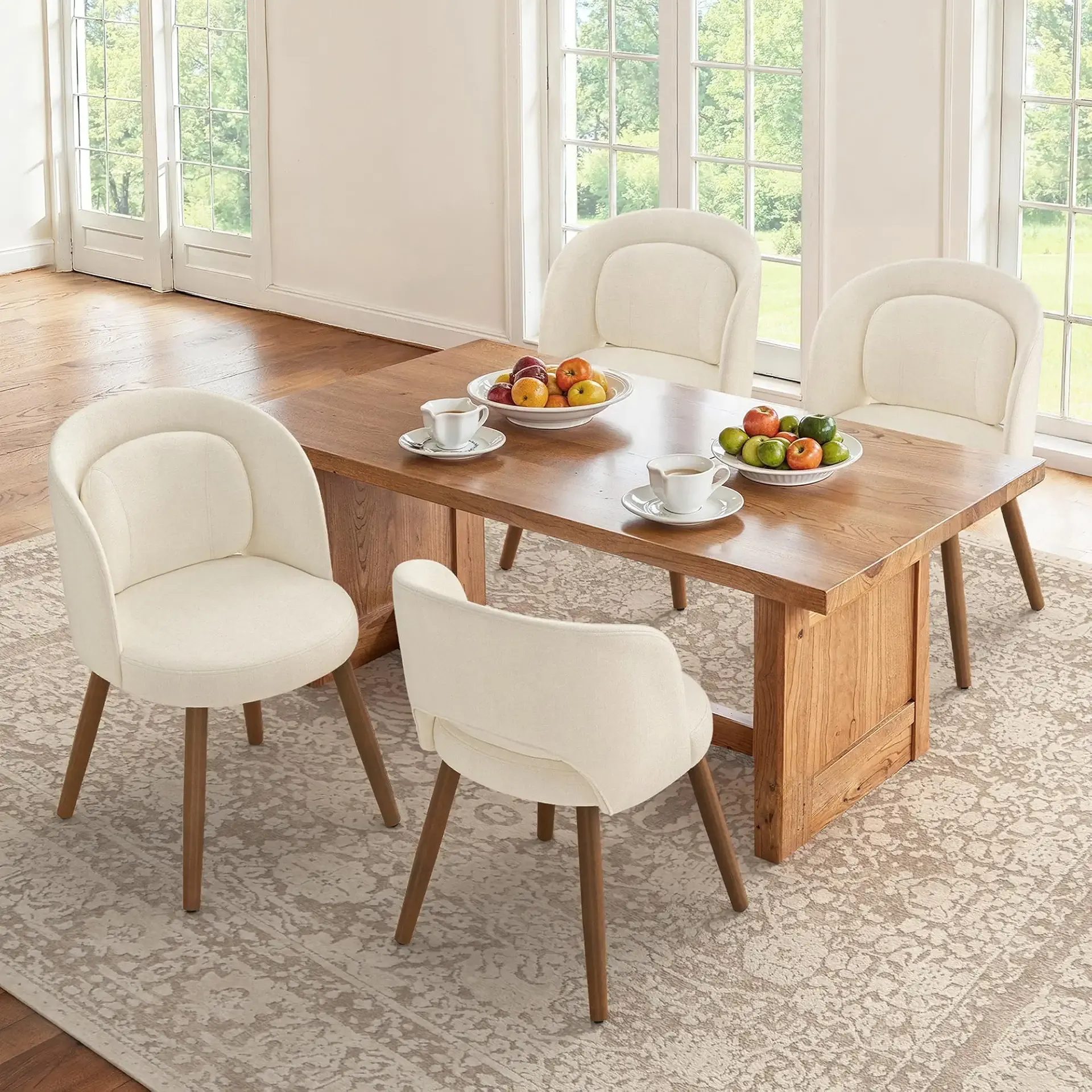 LUE BONA Dining Chairs Set of 4, Modern Upholstered Kitchen Chairs with Solid Wood Legs, Curved Backrest & Lumbar Support for Home Dining Room, Restaurant, Linen Color