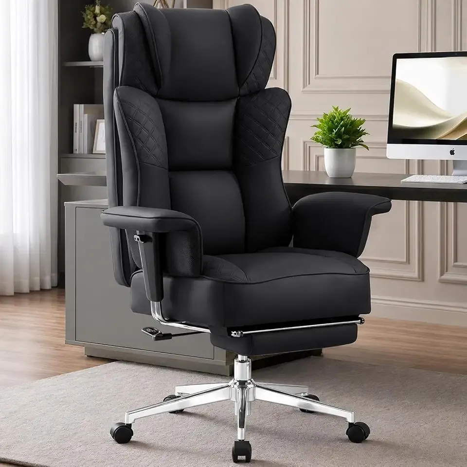 Office Desk Chair, High-Back Big and Tall Leather Chair with Footrest, Ergonomic Reclining Computer Chairs, Comfy Executive Wide Chair with Lumbar Support (Black)