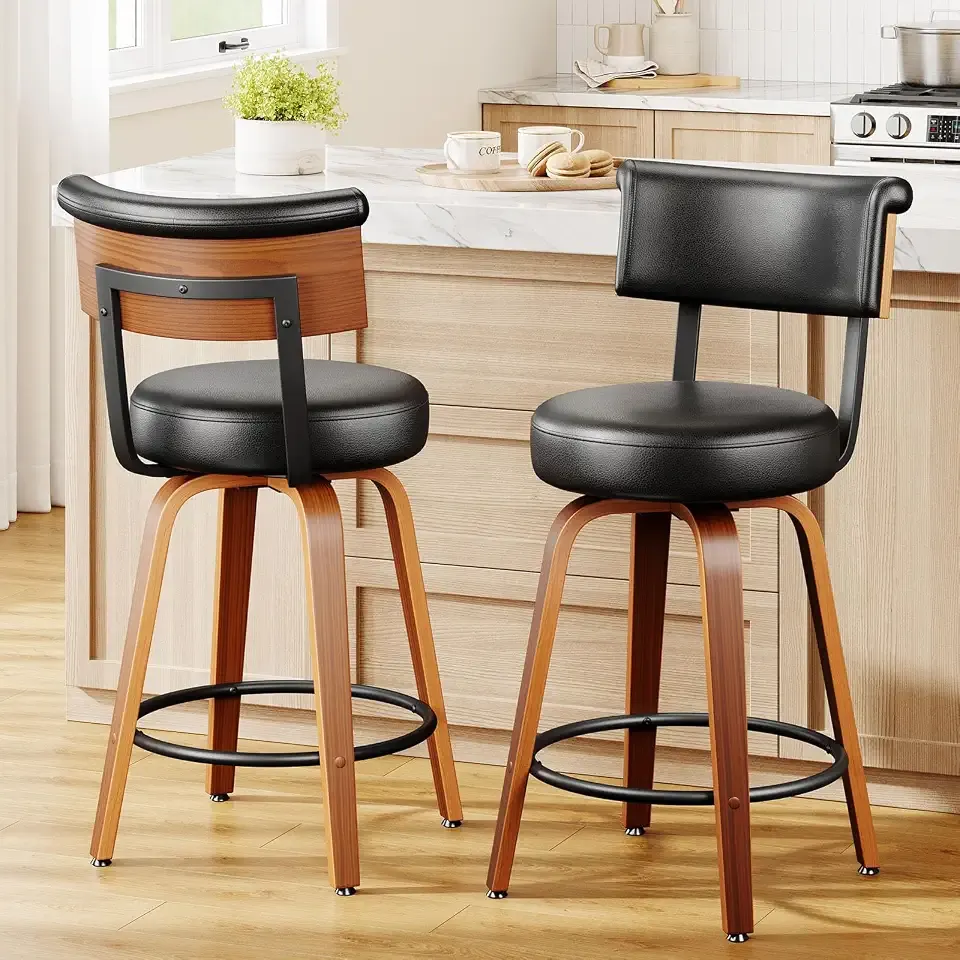Swivel Counter Height Bar Stools Set of 2, 26" Leather Barstools with Back
