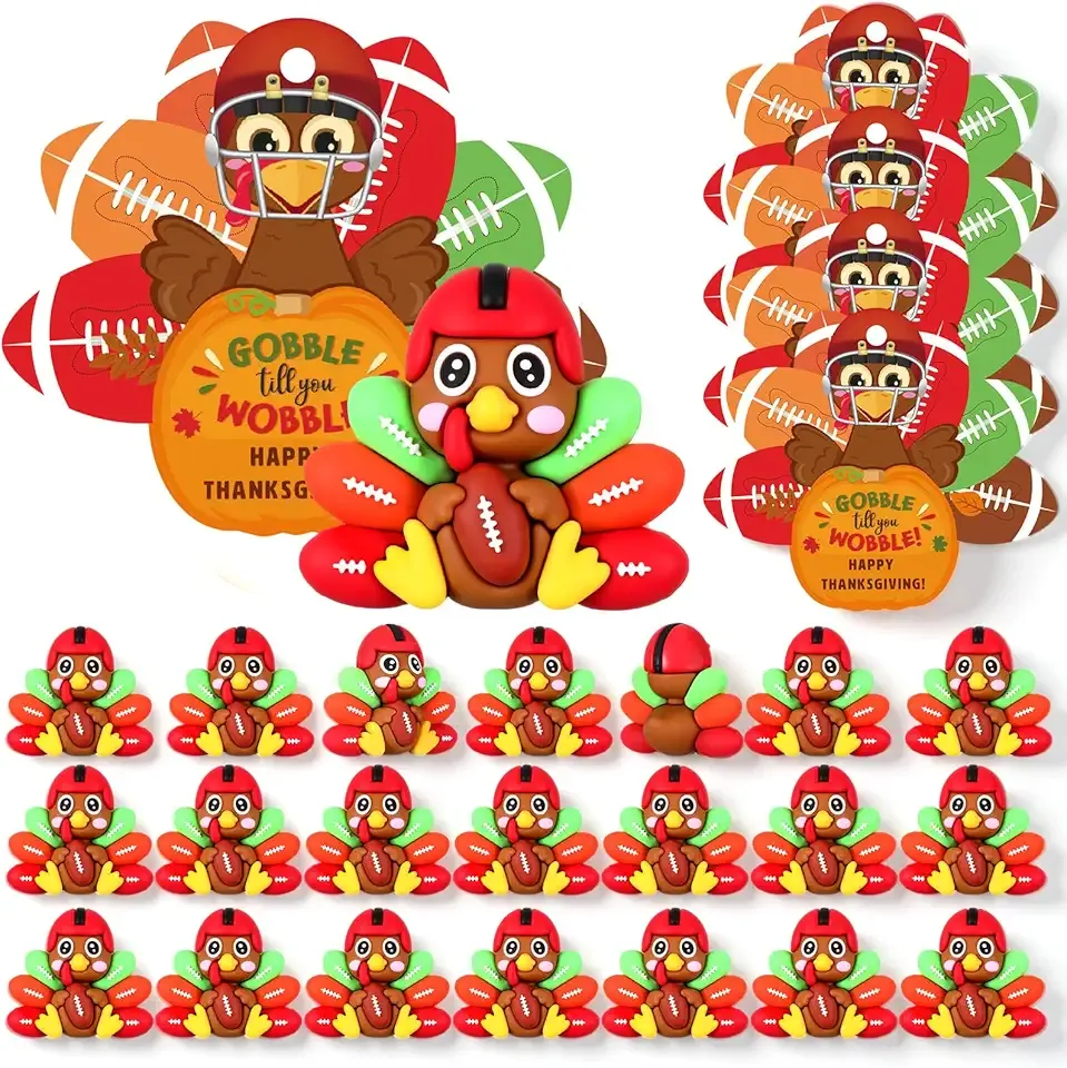 Sotiff 24 Sets Friendsgiving 3D Turkey Toys Thanksgiving Football Miniature Turkey Figurines to Hide and Seek 3D Novelty Little Party Gift with Cards for Fall Autumn Home Table Tray