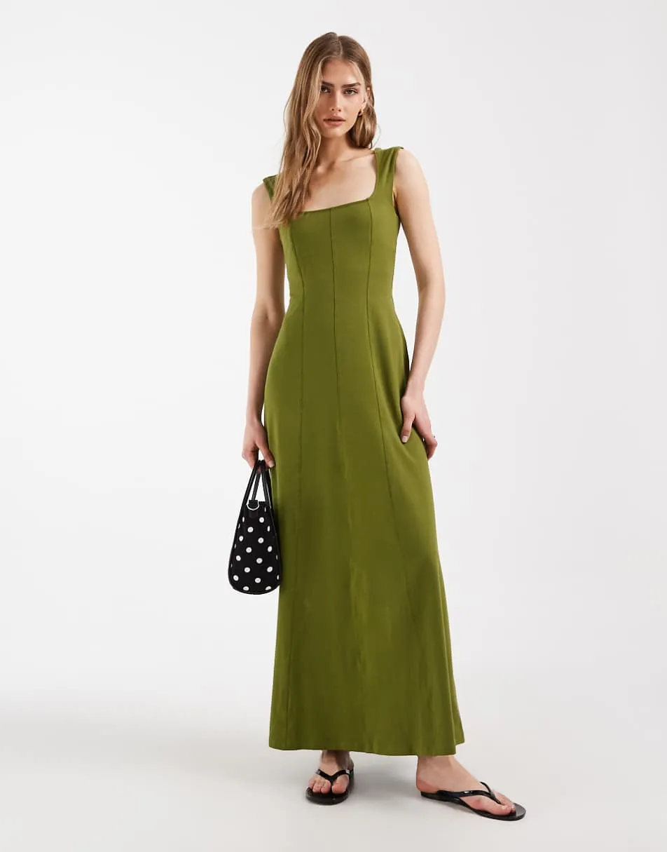 ASOS DESIGN square neck seam detail midi dress in khaki