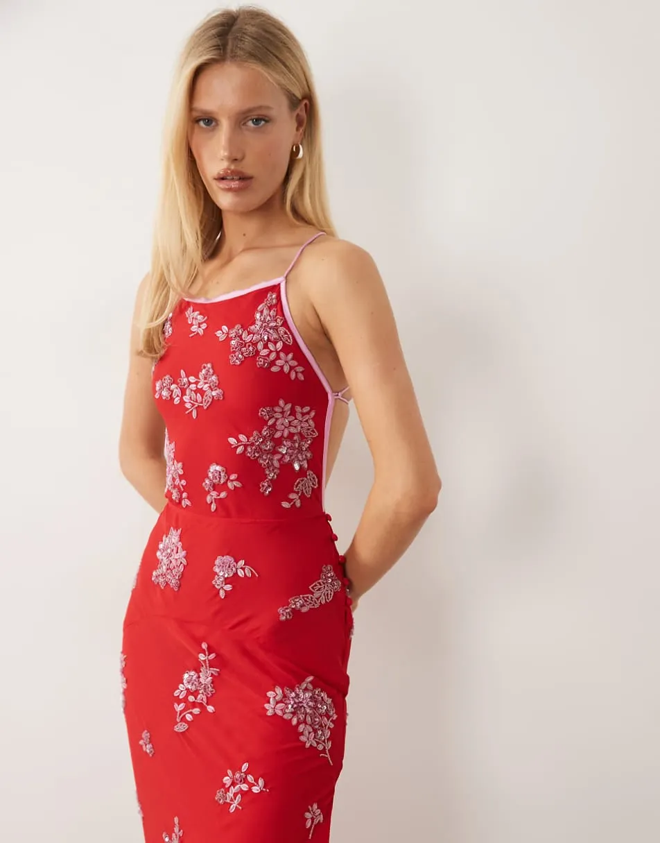 ASOS DESIGN ditsy embellished bias semi sheer chiffon maxi dress with open back in red