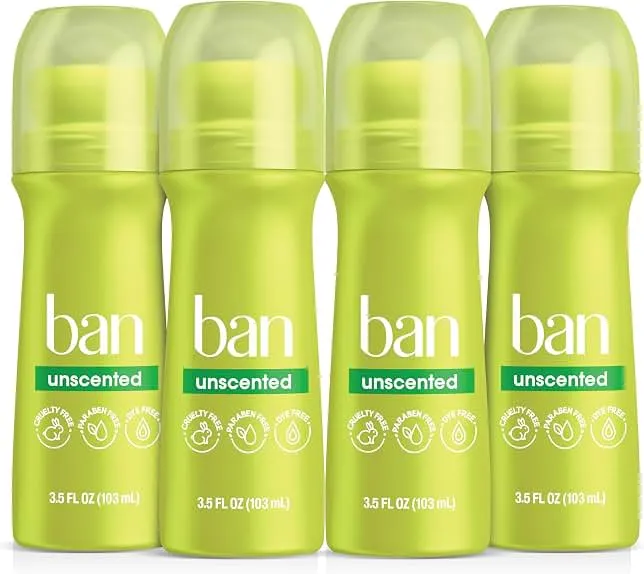 Ban Invisible Roll-On Antiperspirant Deodorant, Unscented, 3.5 oz, 4pk | 24-Hour Sweat and Odor Protection, No White Residue, Unscented, For…