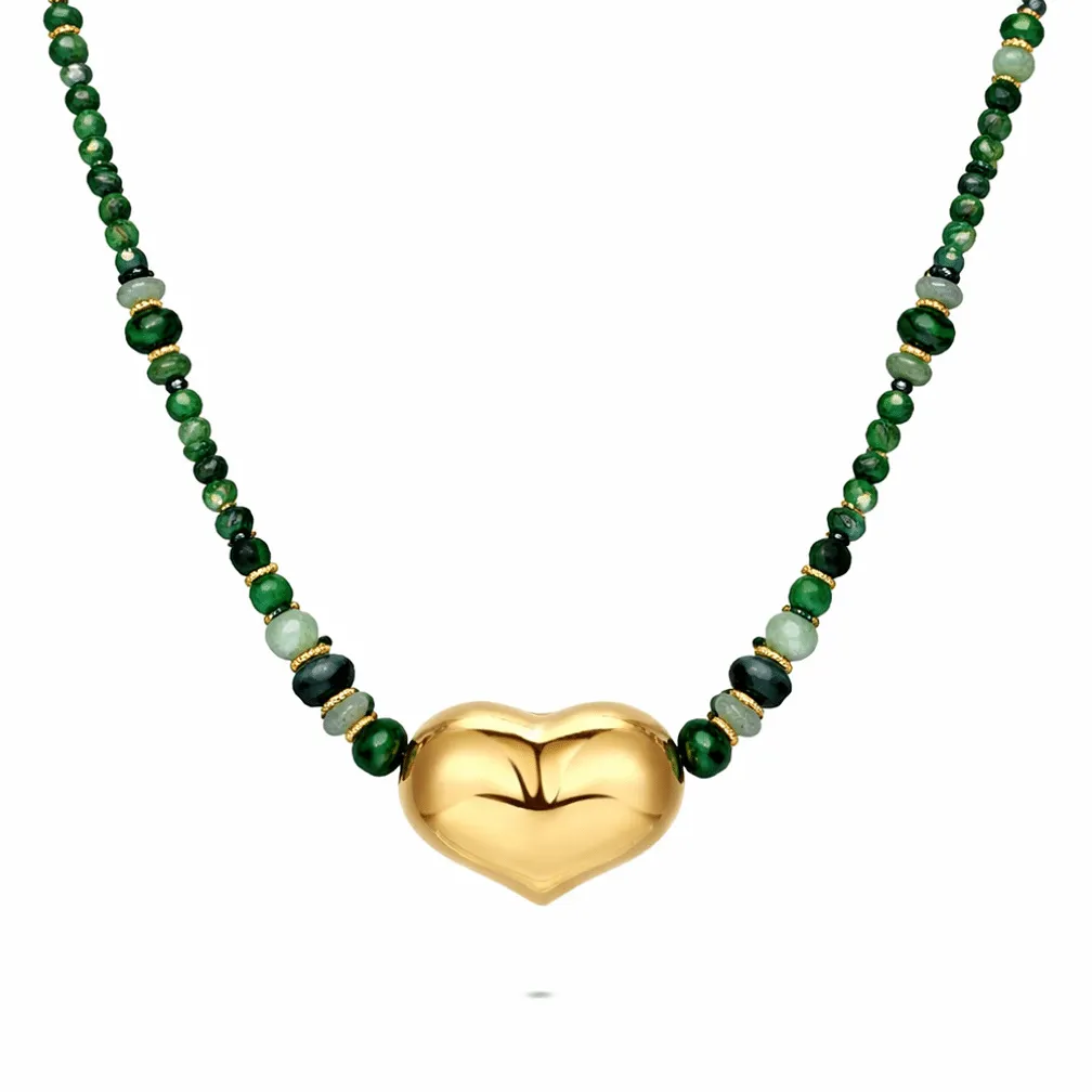 Halsketting in edelstaal, hart met groene stenen