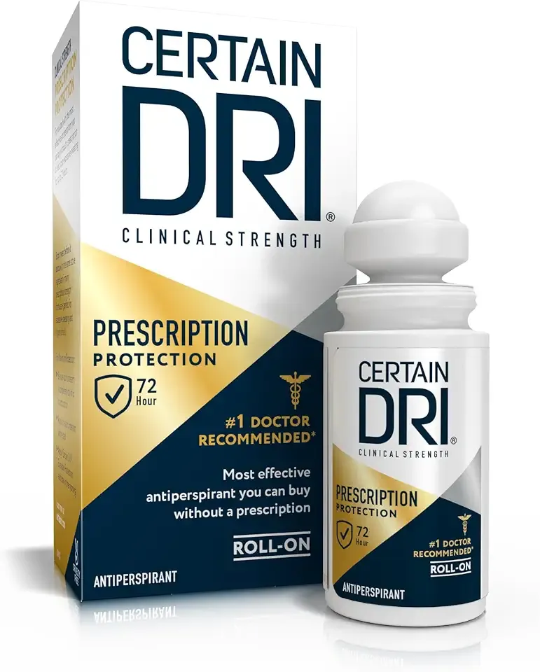 Certain Dri Prescription Strength Clinical Antiperspirant Roll-On for Hyperhidrosis, 72-Hour Sweat Protection, Fragrance-Free, Doctor-Recommended for Men & Women, 1.2 fl oz, (Pack of 1)
