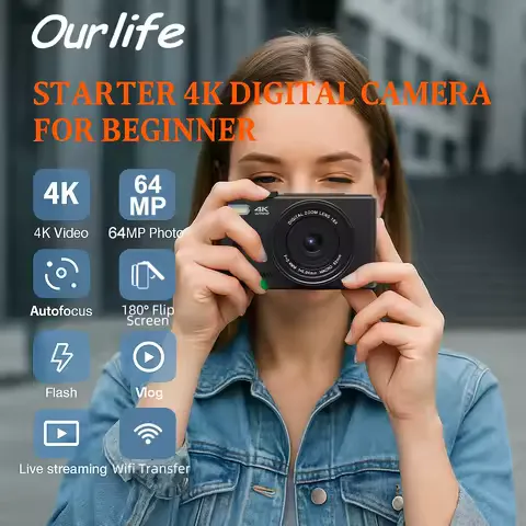 Ourlife AC600 Digital Camera 4K 64MP UHD Cameras 18X Digital Zoom 180° Flip Screen Vintage Vlogging Camera for YouTube Autofocus