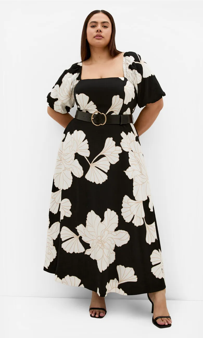 Collins Floral Print Belted Maxi Dress - black