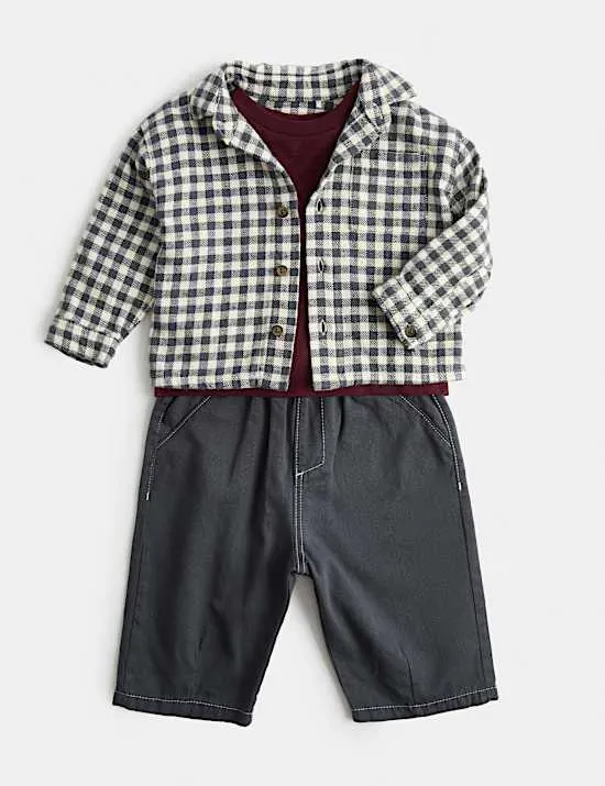 3-tlg. Outfit aus reiner Baumwolle mit Hemd und Hose (0–5 Jahre)