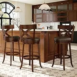 PHI VILLA 26 Inch Swivel Bar Stools Set of 3, Counter Height Bar Stools | Wooden Bar Stools, Faux Leather Kitchen Stools, Counter Height Chairs with Solid Wood Legs & Wrap-Around Footrest