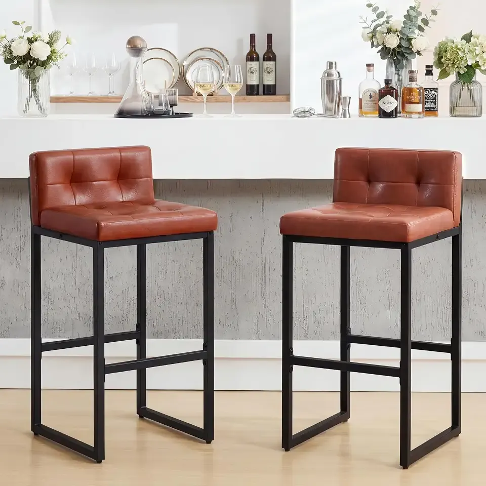 Bar Stools Set of 2, Counter Height Bar Stools Sets with Back, Faux Leather Barstools with Metal Legs and Footrest, Upholstered Bar Chairs for Dining, Kitchen Island, Home Counter, Brown