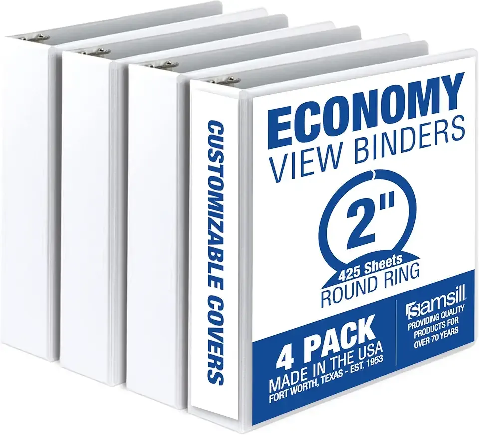 Samsill 2 Inch 3 Ring Binders, Made in USA, Economy Round Ring, Clear View Cover, 425 Sheet Capacity - for School, Home, Office - White, 4 Pack