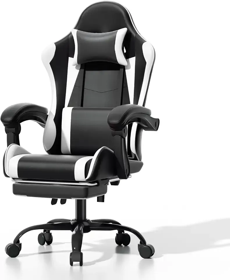 Athena Collection Ergonomic Gaming Chair with Footrest & Headrest Lumbar Support, Height Adjustable Swivel Office Chair Reclining Game Chair High Back Computer Chair for Adults, White