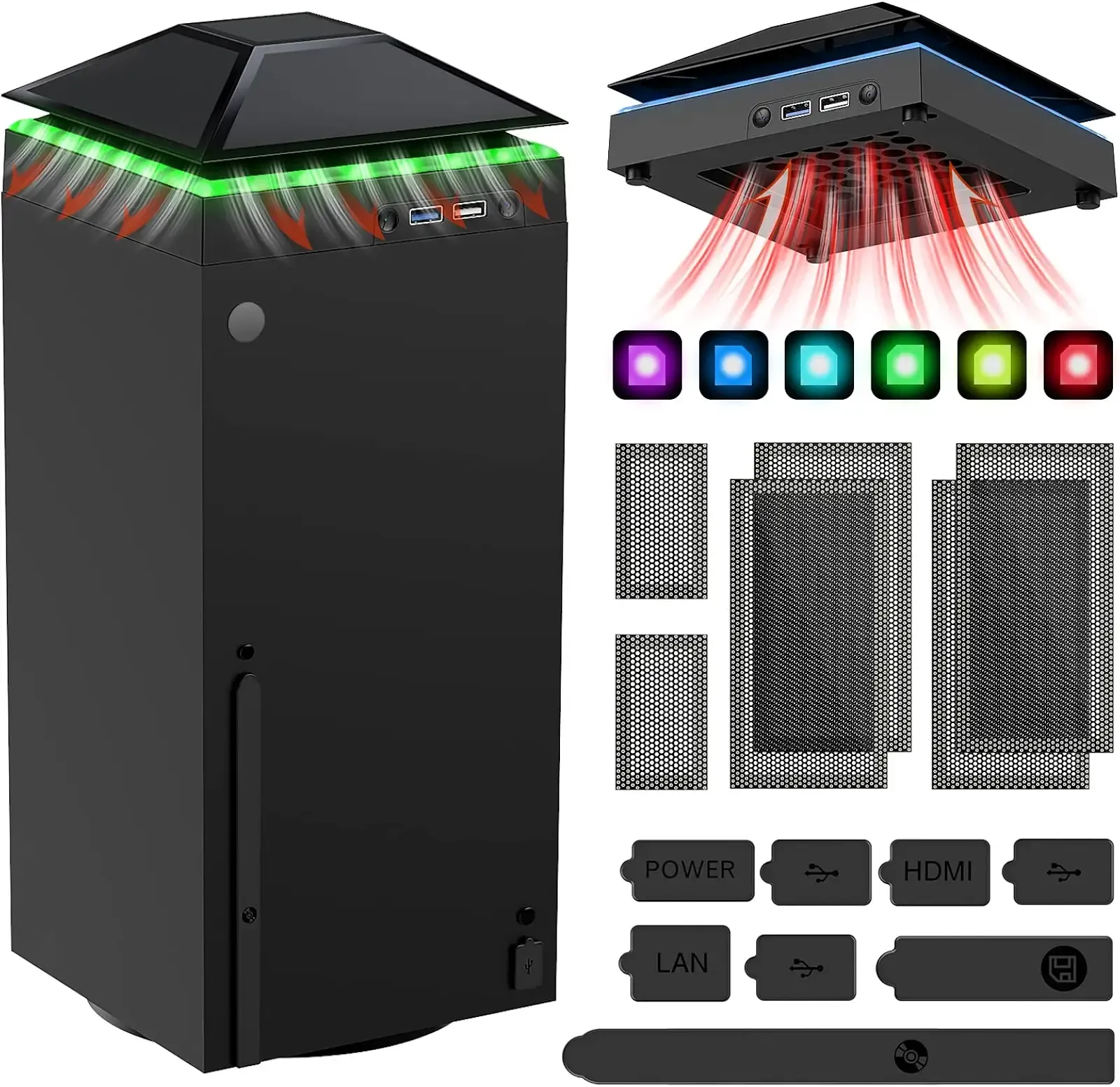 MENEEA Cooling Fan Dust Proof for Xbox Series X Console with Colorful Light | Dust Cover Filter, Rubber Dust Plugs, Low Noise Top Fan with 3 Gears, Cooler & Light Independent Touch Switch, 2 USB Port