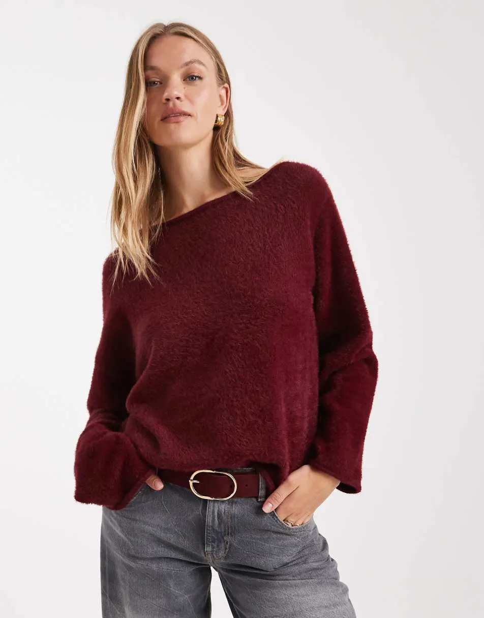ASOS DESIGN eyelash off shoulder jumper in plum