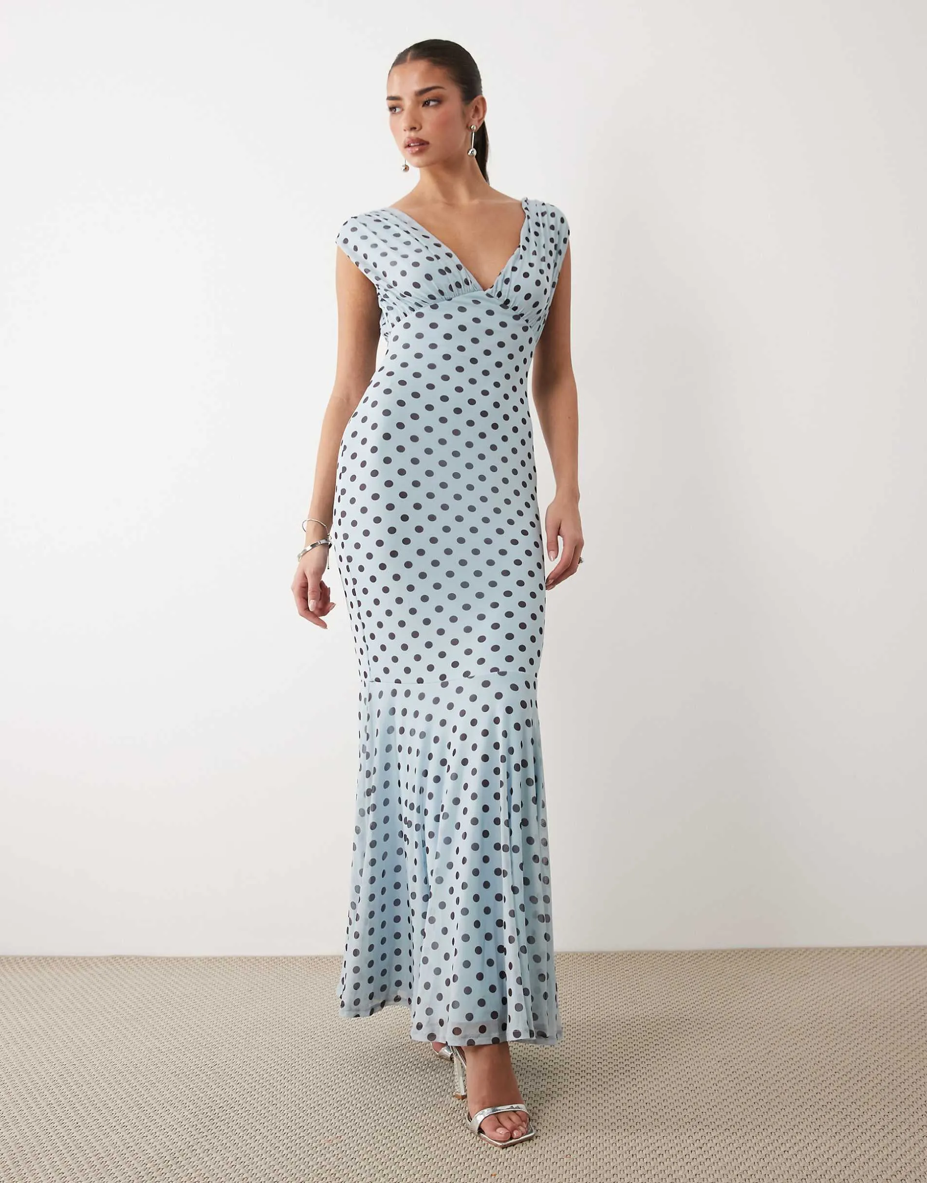 ASOS DESIGN v neck fishtail polka dot maxi dress in blue