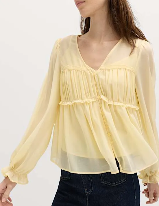 V-Neck Ruffle Detail Long Sleeve Blouse