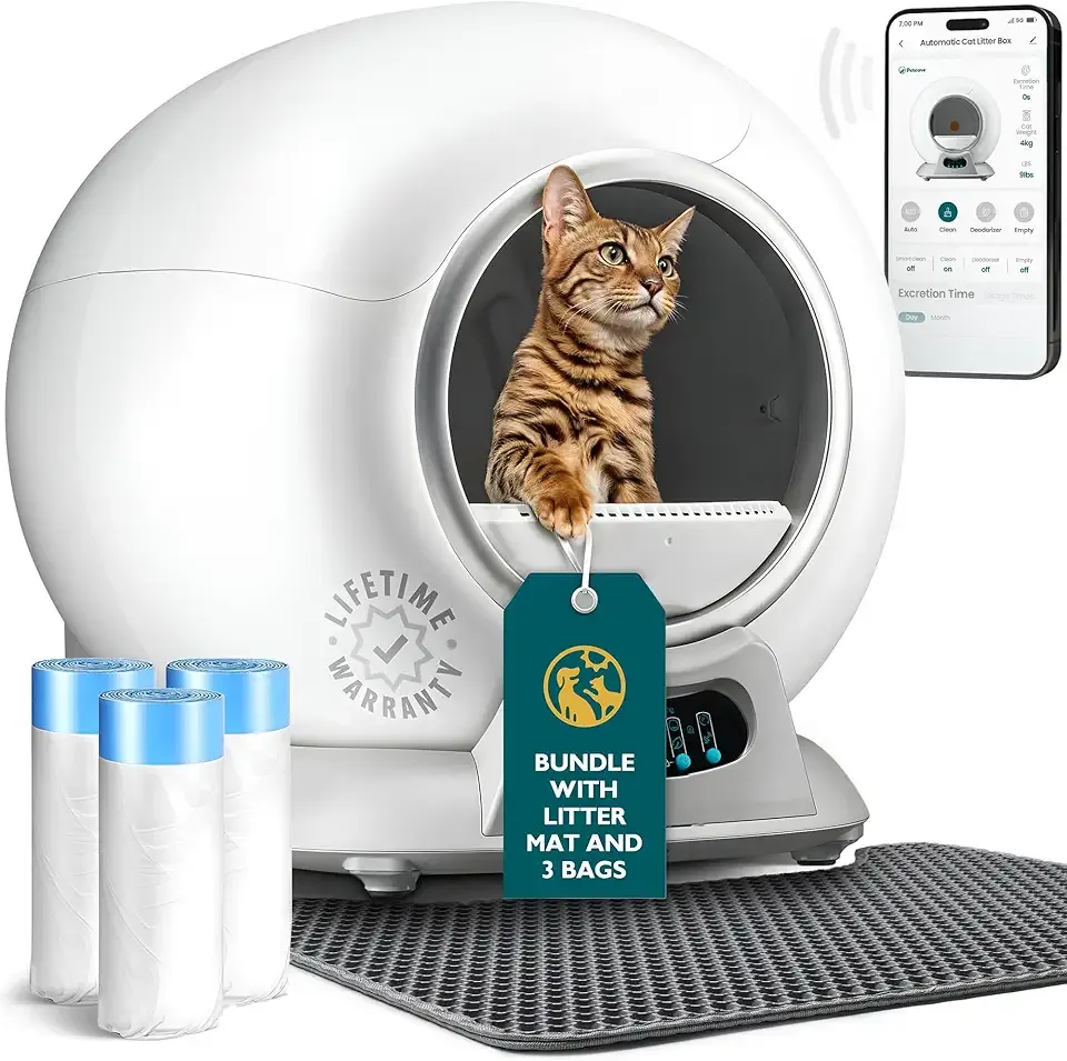 Petcove Automatic Self Cleaning Litter Box for Multiple Cats - PurrTek with Smart App (5GHz Wi-Fi), Triple Odor Control, Quiet Operation & Advanced Safety Sensors