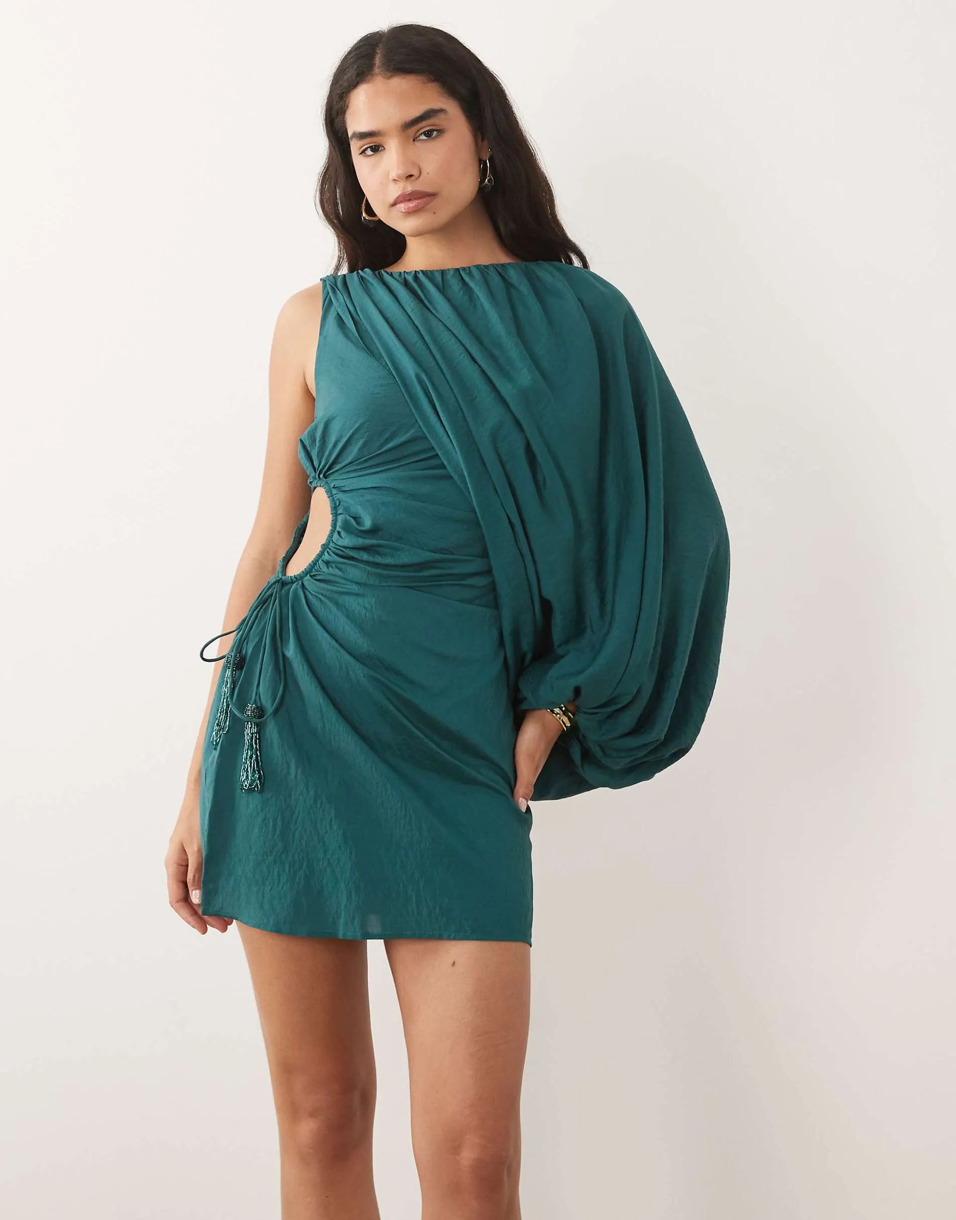 ASOS DESIGN one shoulder blouson mini dress with cut out waist in teal