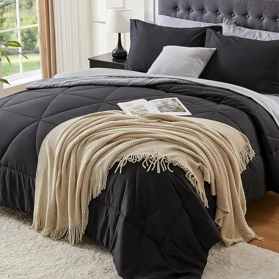 BEDELITE Queen Comforter Set 7 Pieces Bed in A Bag - Soft Microfiber Reversible Black Bed Set with Comforters, Sheets, Pillowcases & Shams, Cozy Luxury Bedding Sets for All Season