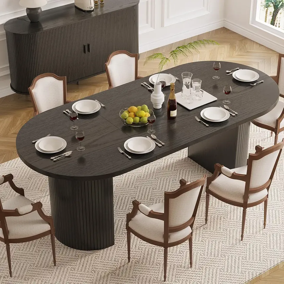 ONBRILL 70.8 Inch Dining Table for 4-6, Oval Dining Room Table with Curved Fluted Wood Strip Base, Mid-Century Modern Kitchen Tables with Footpads, Dinner Tables for Living Room, Dining Room, Black