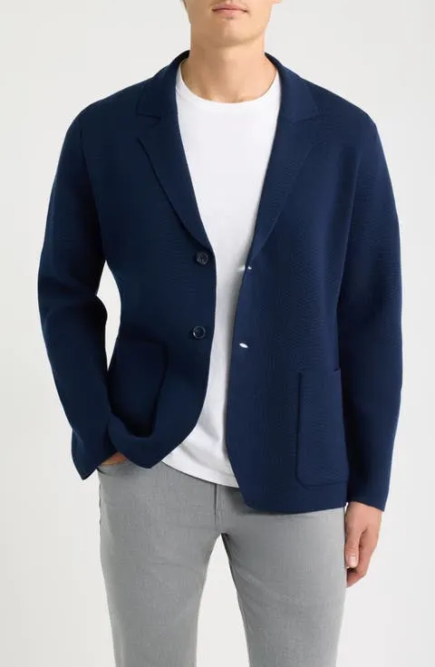 Navy Merino Wool Blend Sweater Knit Blazer