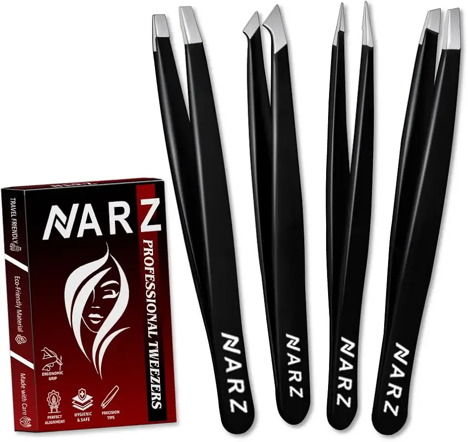 NARZ 4Pcs Professional Tweezers for Women Facial Hair Stainless Steel Precision Tweezers for Ingrown Hair Eyebrow Tweezer for Men & Women (Black Set)
