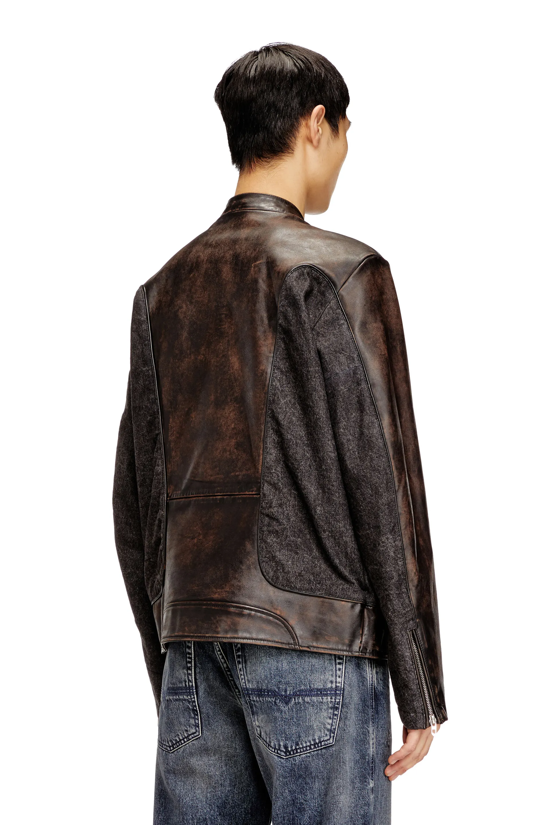 Piped biker jacket in leather and denim