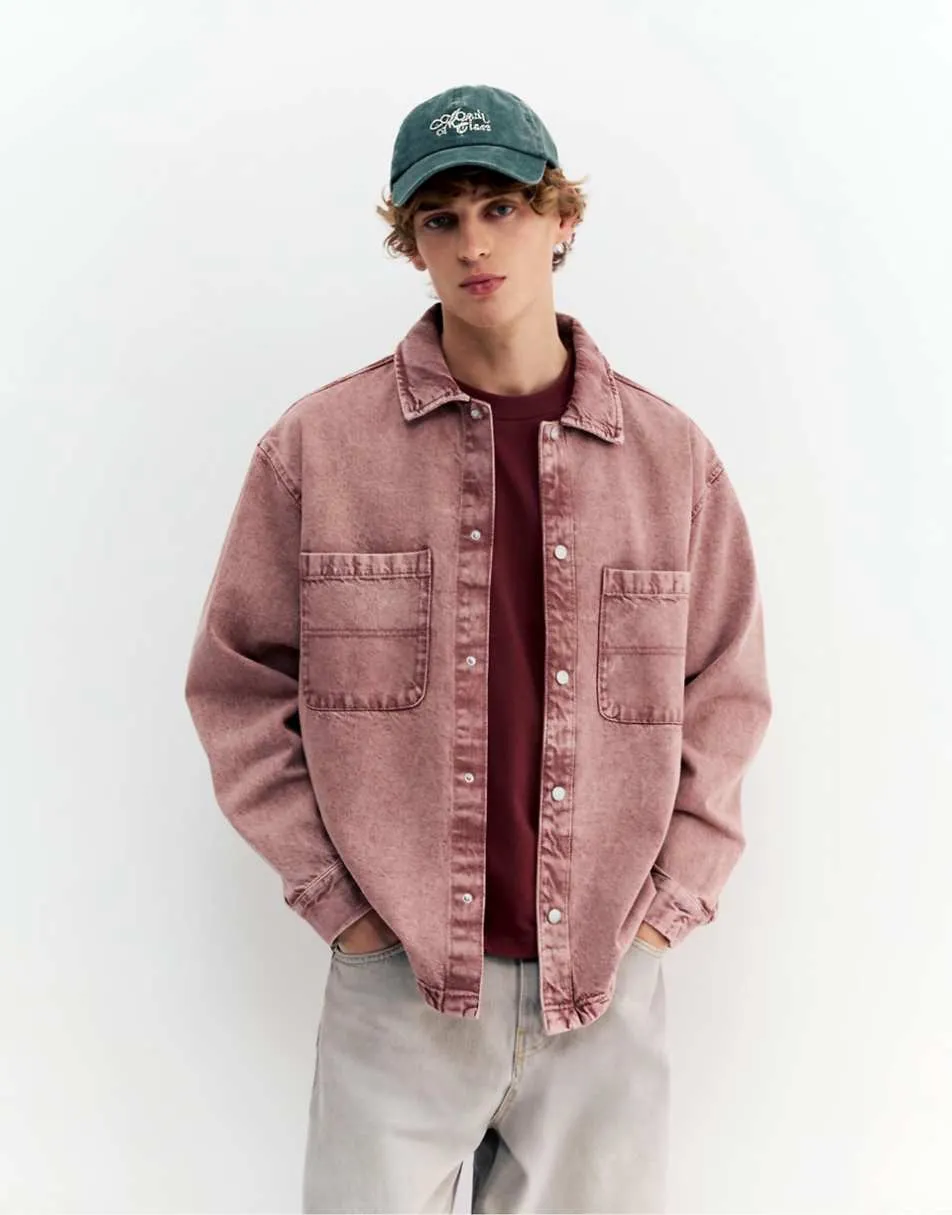 Pull&Bear Washed-finish denim shirt in red