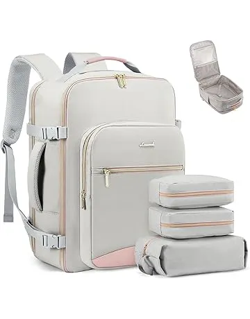 LOVEVOOK Travel Backpack for Women & Men 40L,Airline Approved Carry On Backpack Travel Essentials,TSA Carry on Luggage,Waterproof Personal Item Travel Bag,Suitcase with 3 Packing Cubes,Light gray-Pink