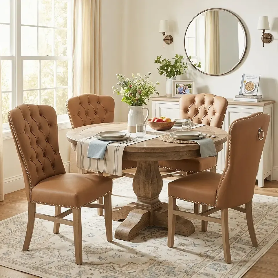 chairus Brown Leather Dining Chairs Set of 4, Faux Leather Tufted Dining Room Chairs, High Back Farmhouse Upholstered Parsons Chairs with Wooden Legs and Padded Seat for Dining/Kitchen Room, Brown