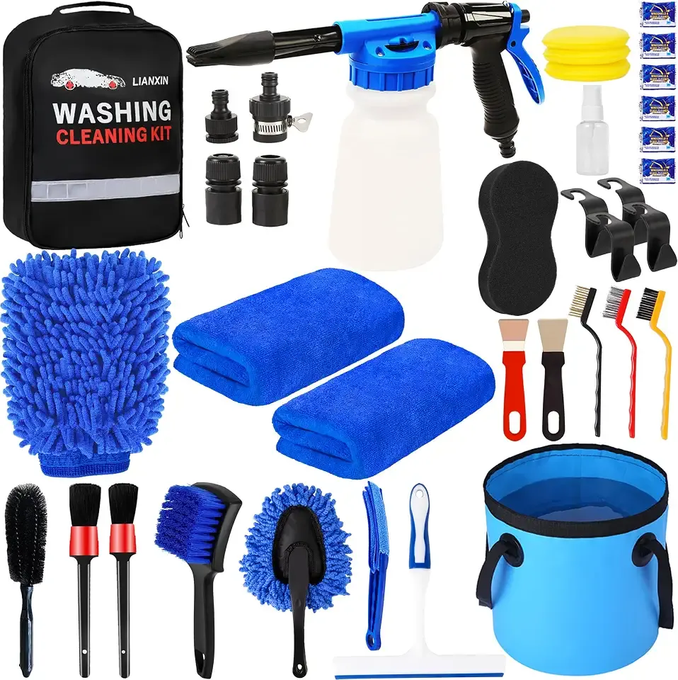 Car Wash Kit with Foam Gun, Bucket and Cleaning Tool, Car Washing Kit | Includes Wash Mitt Tire Brush Sponge Towels Brush Car Cleaning Kit for Interior and Exterior Cleaning, Home or Travel Use