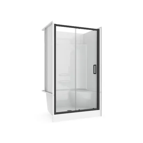 Essence Shower Kit 48 L in. x 34 W in. Center Drain Shower Right Seat and Connect Pro Sliding Door in Matte Black