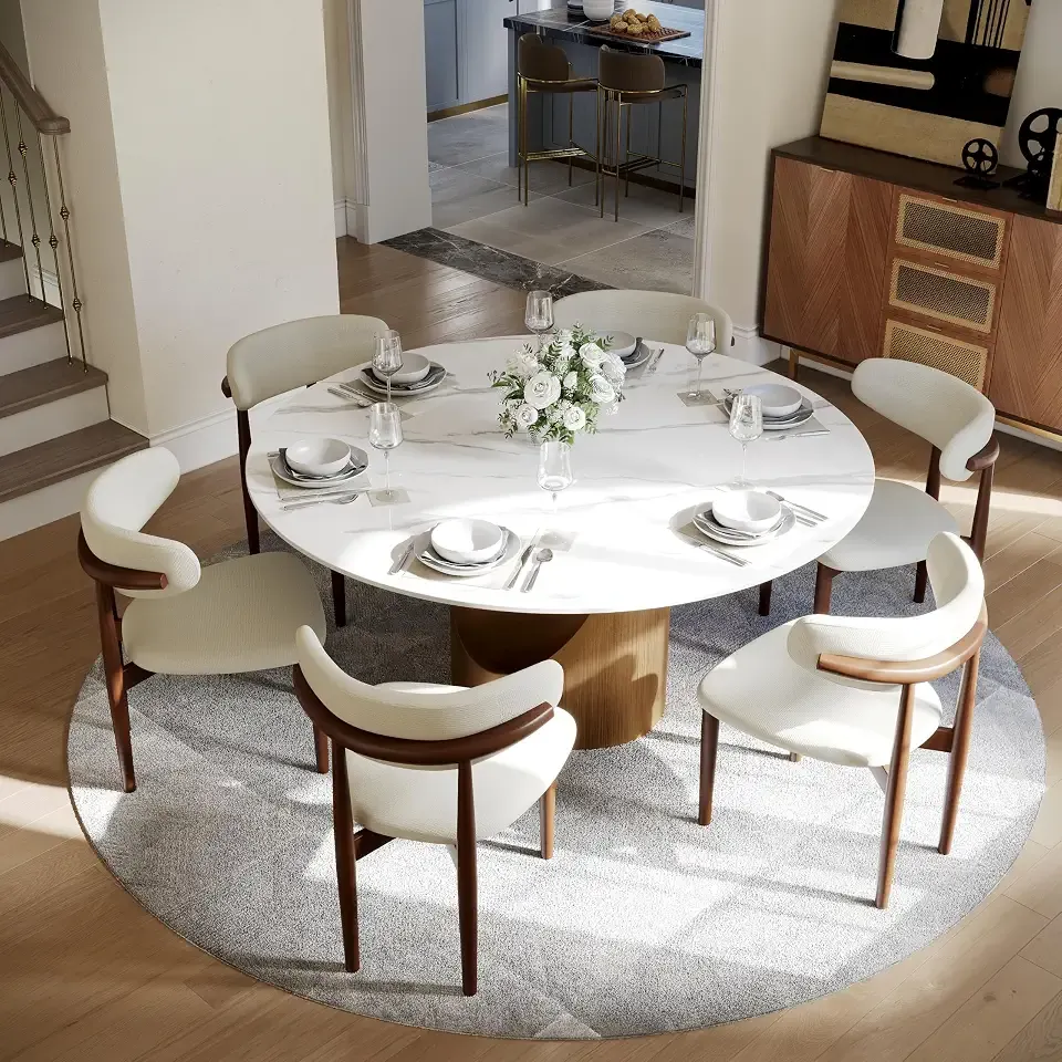 POVISON 59" Round Dining Table for 6, Glossy White Sintered Stone Tabletop | Sintered Stone Dining Tabletop, Carbon Steel Base, Mid Century Kitchen Table for Dining Room, Luxury Dining Table（Table only）