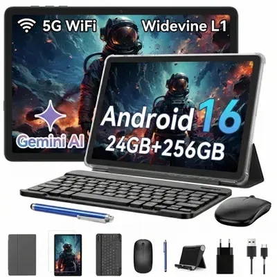 KINGRID Android 16 Tablet mit Tastatur, 24(8+16)GB RAM+256GB ROM (2TB TF), 10" Gaming Tablet, 5000mAh, Gemini AI, Widevine L1, 5G WiFi, Face ID