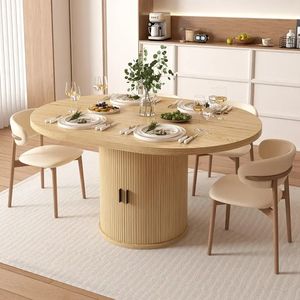 Vipbear Extendable Dining Table 43-59" for 4-6 People, Solid Wood Top with Fluted Slide Door & 8-Compartment Storage, Space Saving Round Dining Room Kitchen Dinner Tables Furniture with Pedestal Base
