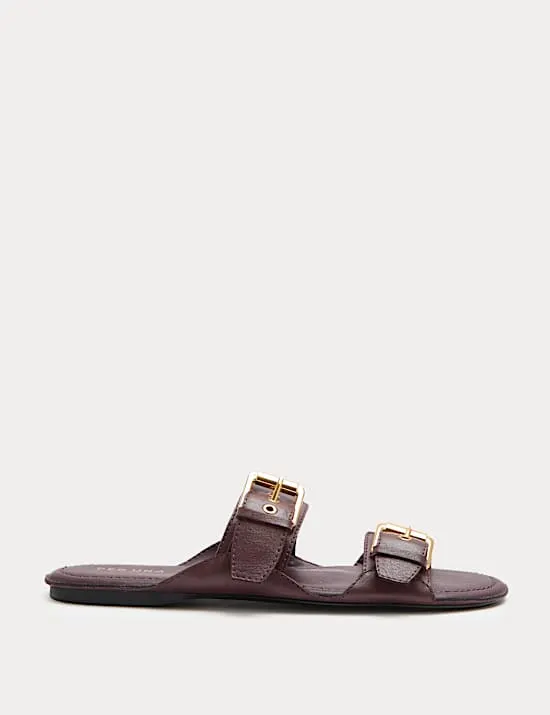 Leather Double Buckle Flat Sandal
