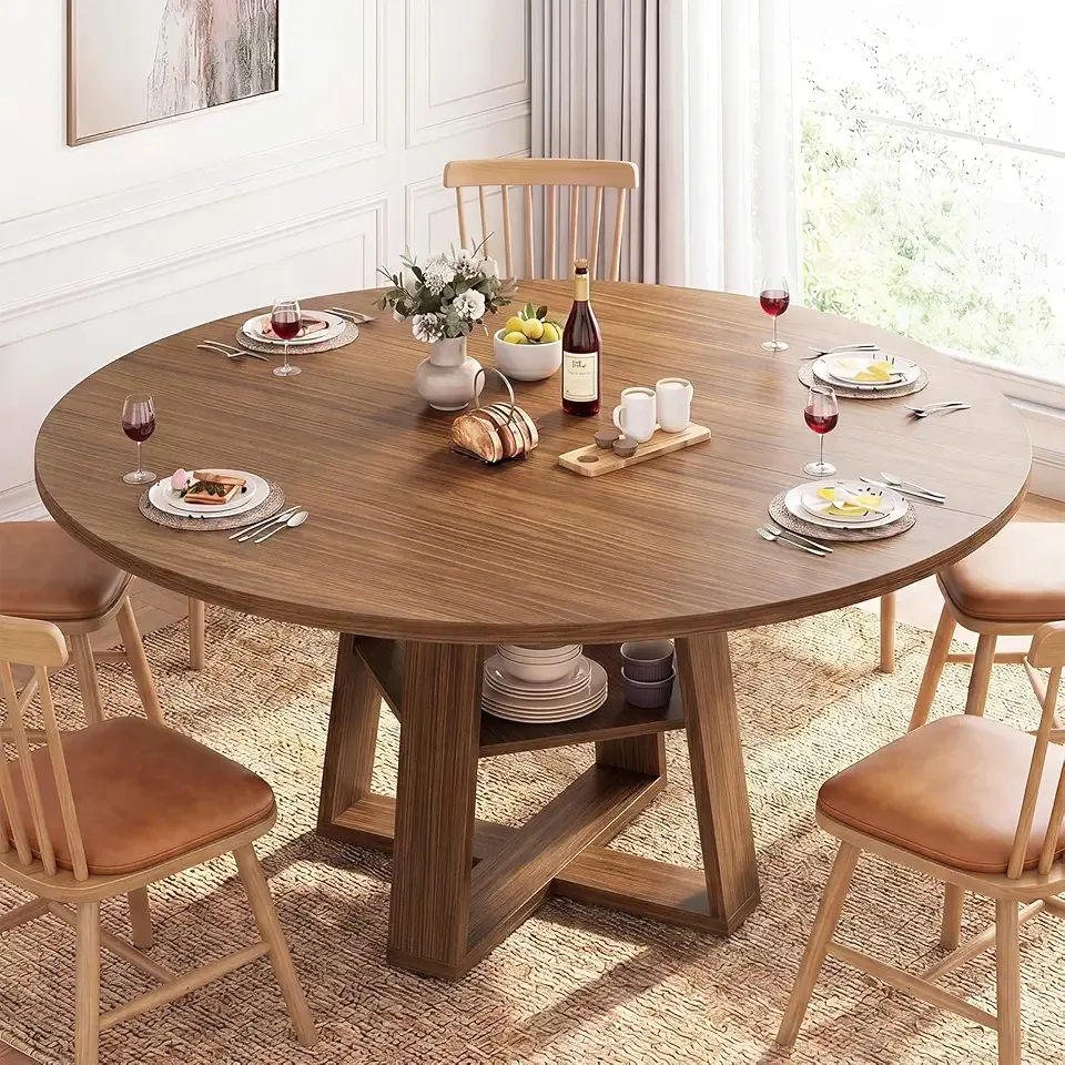DUMOS Extendable Round Dining Table for 4-6, Modern Kitchen Oval Dinner Table with Storage Shelf, Wood Pedestal Base, Space Saving Modern Style, Brown