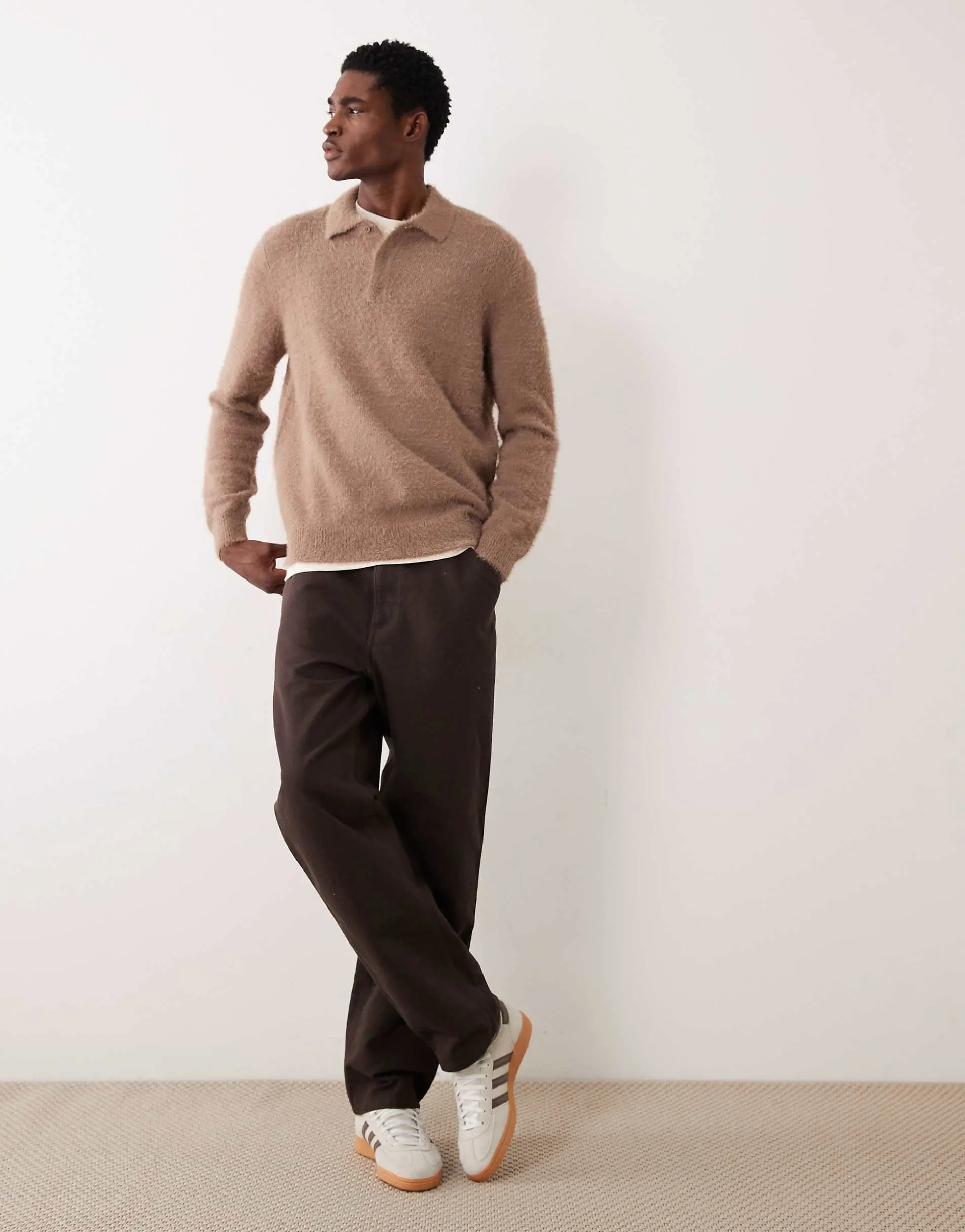 ASOS DESIGN knitted fluffy polo jumper in brown