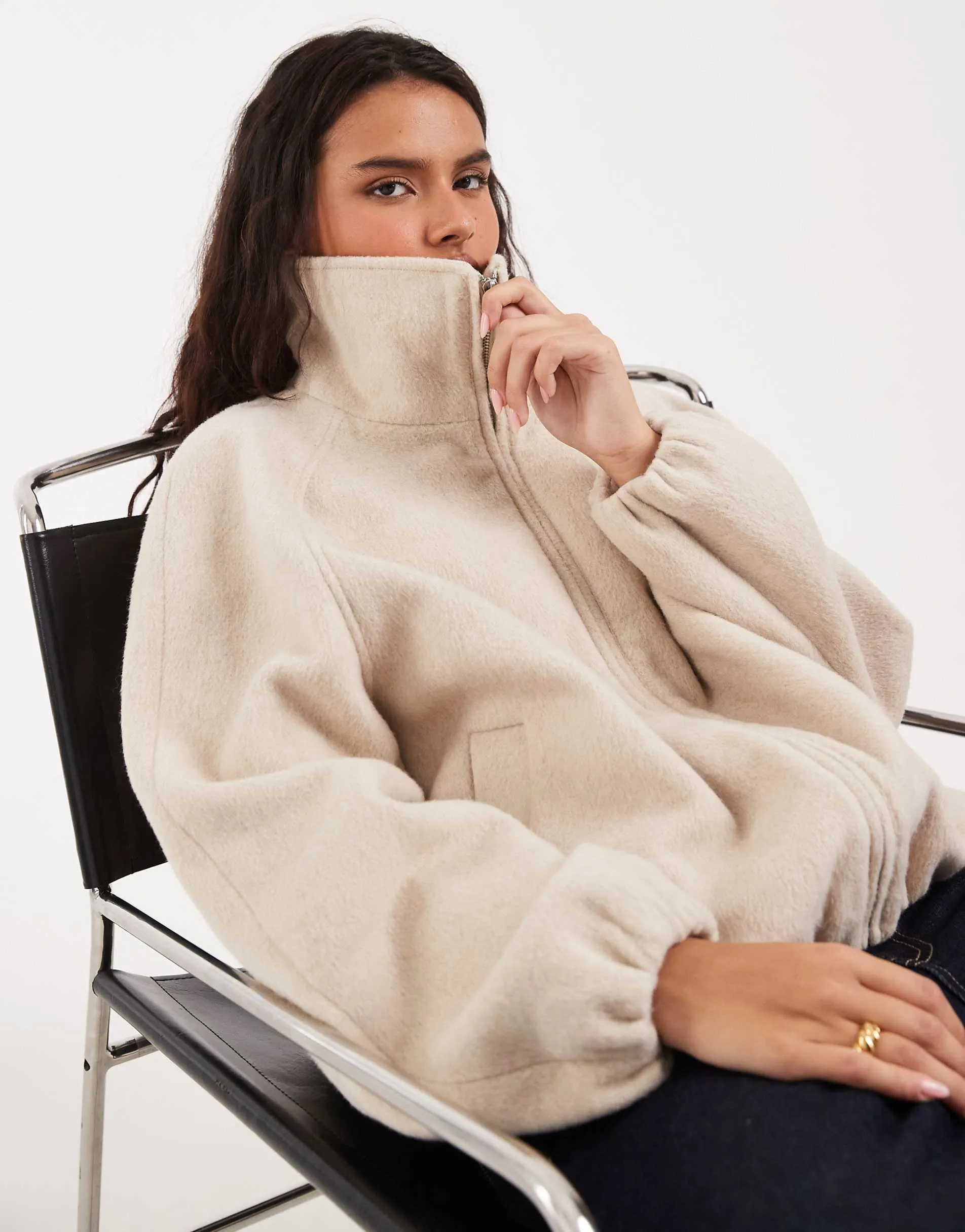 ASOS DESIGN funnel neck bubble hem jacket with wool in cream