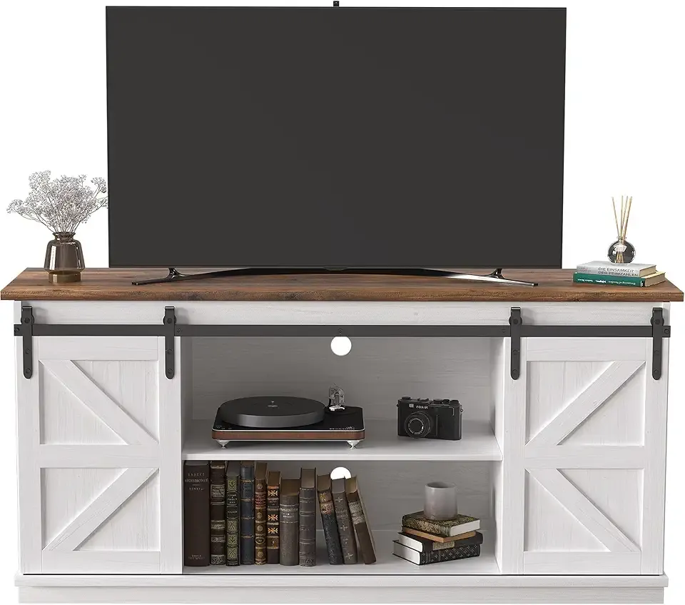 JUMMICO TV Stand for 65 Inch TV, Entertainment Center with Storage Cabinets and Sliding Barn Doors, Mid Century Modern Media TV Console Table for Living Room Bedroom (Bright White)