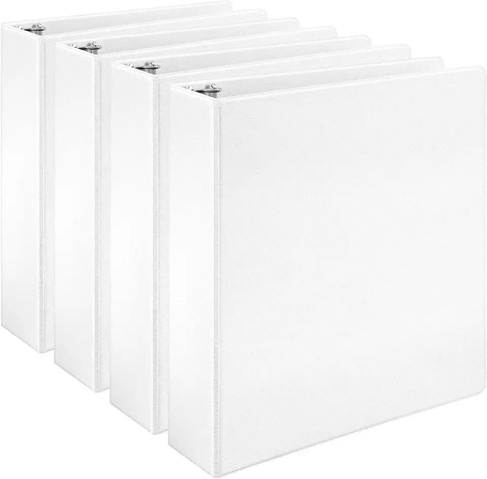 Amazon Basics 3 Ring Binders, 2 Inch, D-Ring Organizer for School, Home Office, White, 4 Pack