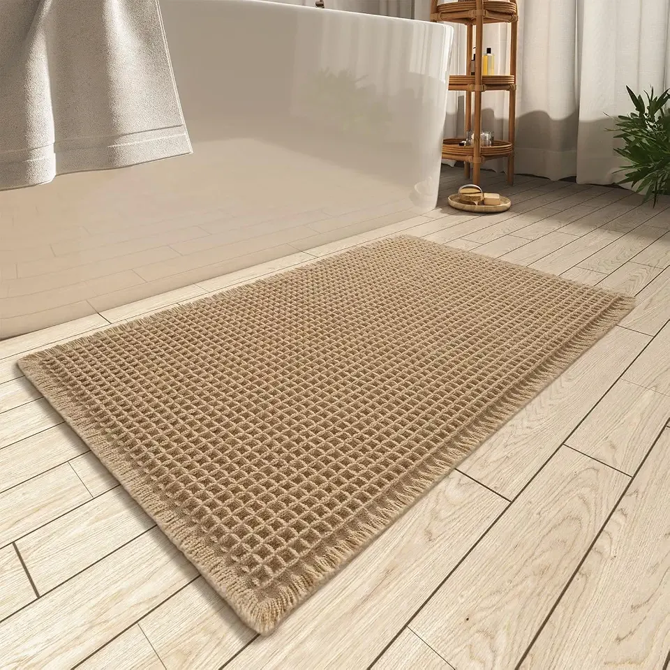 Upgraded Waffle Bath Mat Ultra Absorbent Non Slip Bathroom Mat, 17" x 24" | Brown, Quick Dry Washable Bathroom Rugs, Extra Soft Decorative Bath Rugs for Bathroom Floor, Beside Tub and Shower