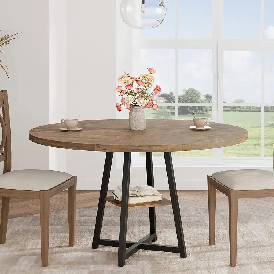 Garvee 47.2 in Round Dining Table for 4-6 People, Industrial Round Kitchen Table with Sturdy Metal Pedestal Base & Storage Shelf, Circle 4 Dinner Table for Dinner, Kitchen, Dining Room