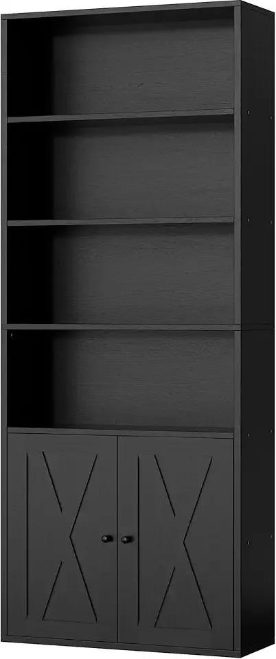 Shintenchi Bookshelf, Industrial Bookshelves and Bookcases with Doors Floor Standing 6 Shelf Display Storage Shelves 70.6 inches Tall Bookcase for Home Office, Living Room (Black)